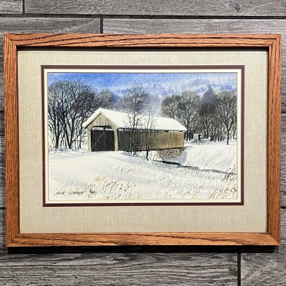 Listed Artist JACK SCHMITT Watercolor / COVERED BRIDGE IN SNOW / Triple Matted